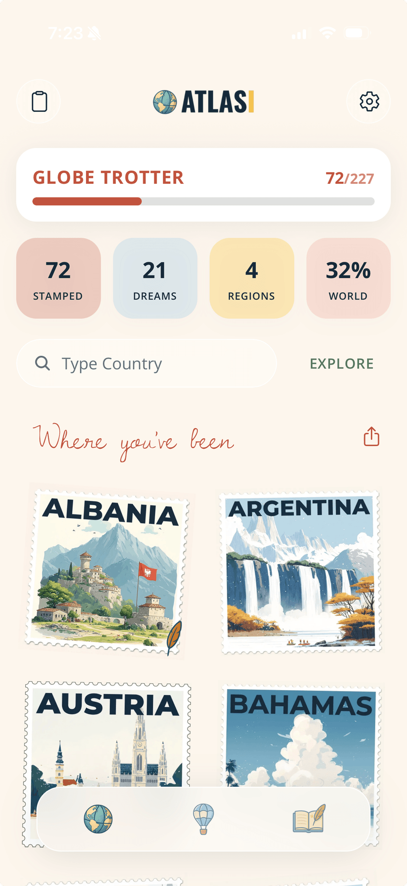 The Atlasi passport grid, showing collected country stamps and travel stats