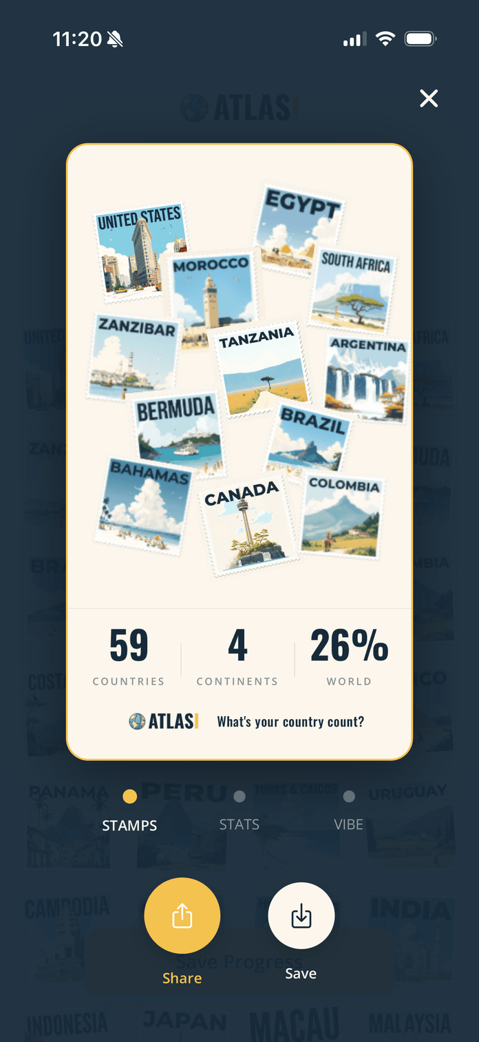 A shareable Atlasi collage of country stamps with a travel stats summary