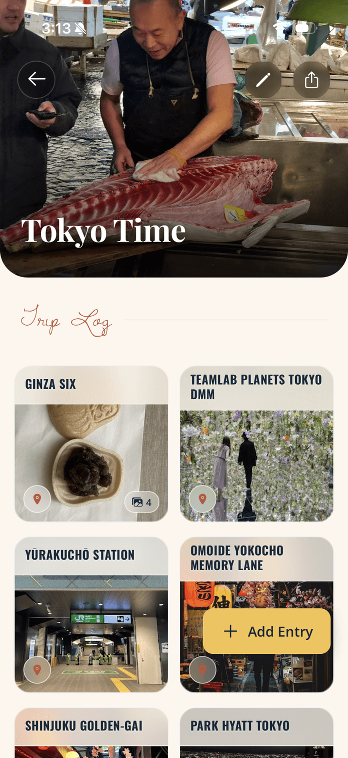 A Tokyo trip log in Atlasi, showing entries for restaurants and attractions
